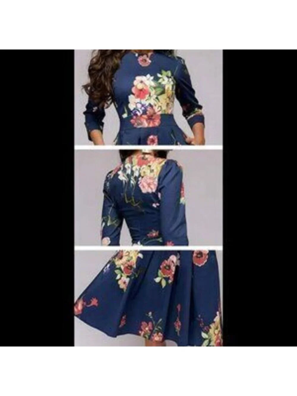 Women's Floral Vintage Dress Elegant Midi Evening Dress 3/4 Sleeves - Picture 2 of 5